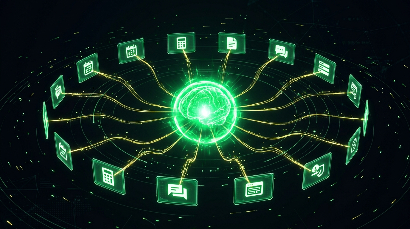 Atlas AI Agent — luminous brain orb connected to 16 autonomous tool panels